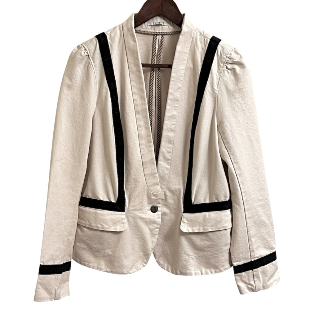 Ann Taylor Loft Cream / Black Blazer 100% Cotton Single Button Preppy Office 12P - Picture 1 of 8